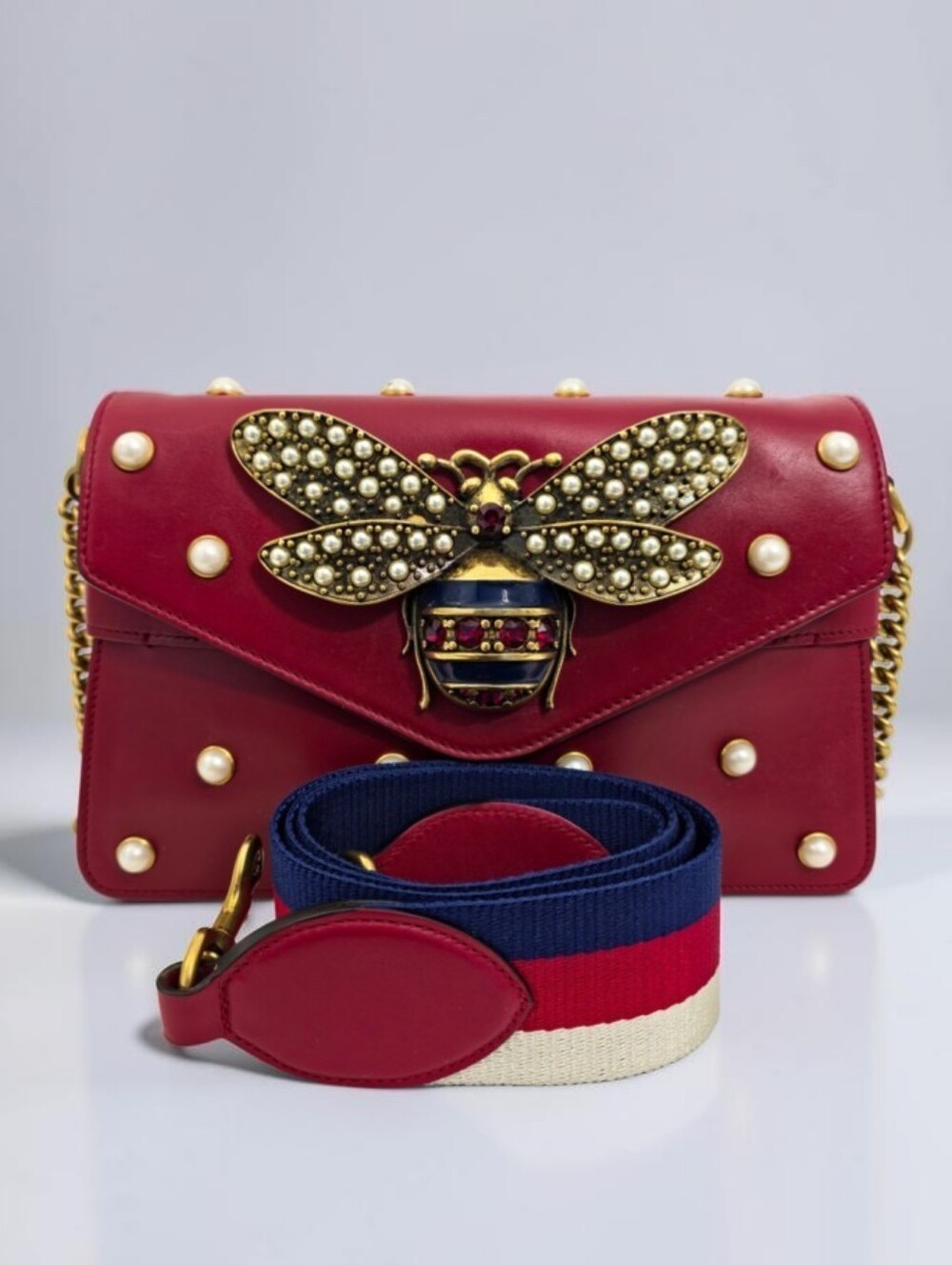Gucci Broadway Pearl Bee Shoulder Bag Red Leather Web Strap & Crossbody Bag